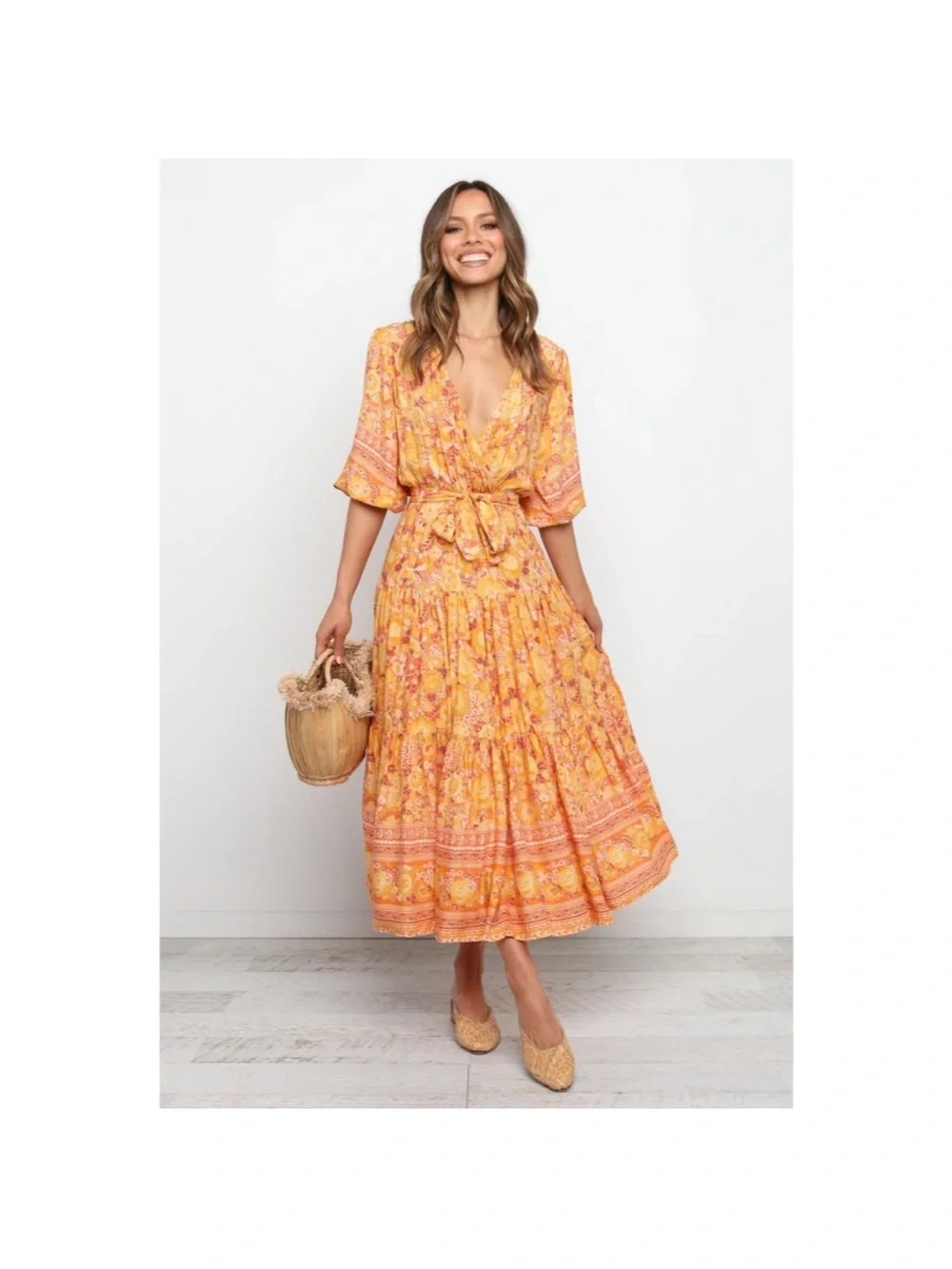 Petal & Pup Yellow-Orange Floral Tie-Waist Maxi Dress - Picture 1 of 4